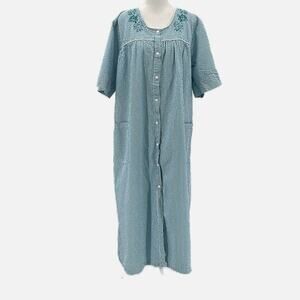 Vermont Country Store Embroidered Cotton Seersucker Robe in Teal - NWOT - 1X